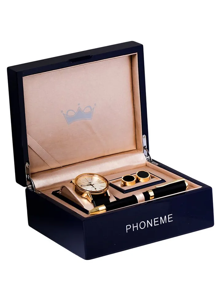 Men's Leather Analog Watch Set 2007674