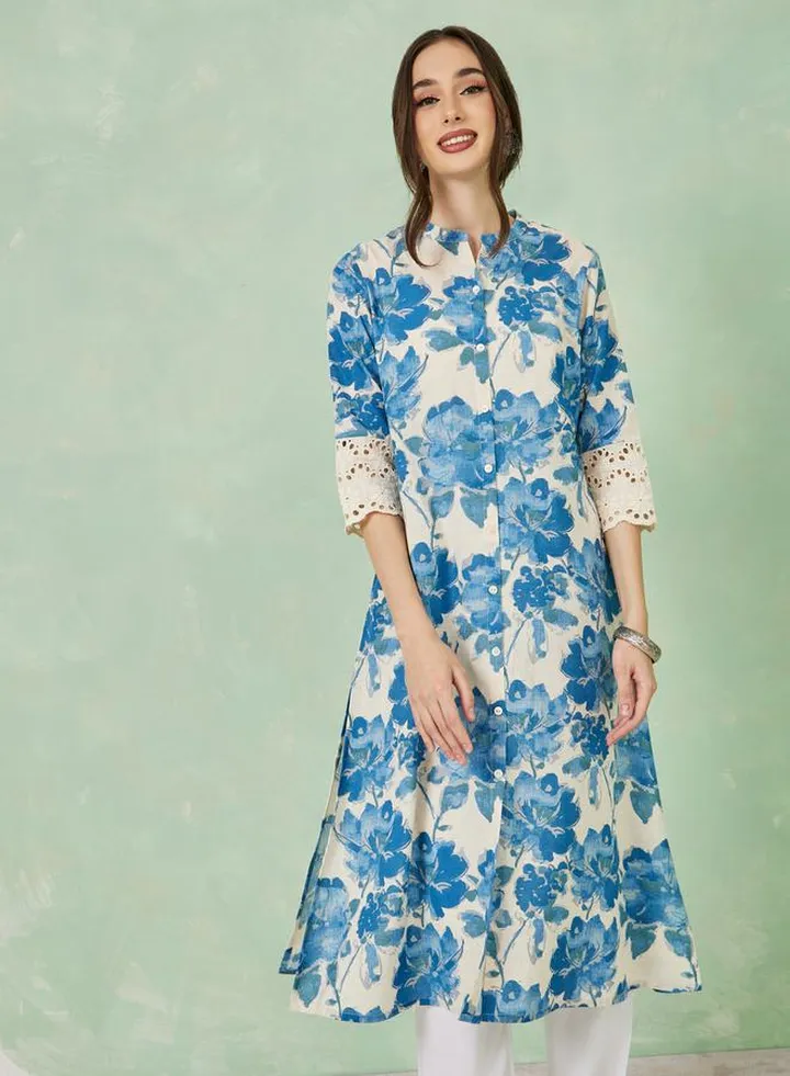Floral Print Schiffli Sleeve Cotton A-Line Kurta