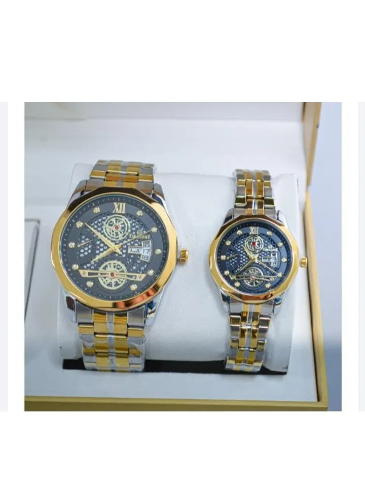 A unisex watch set made of stainless steel, water resistant, scratch resistant and shock absorbent.