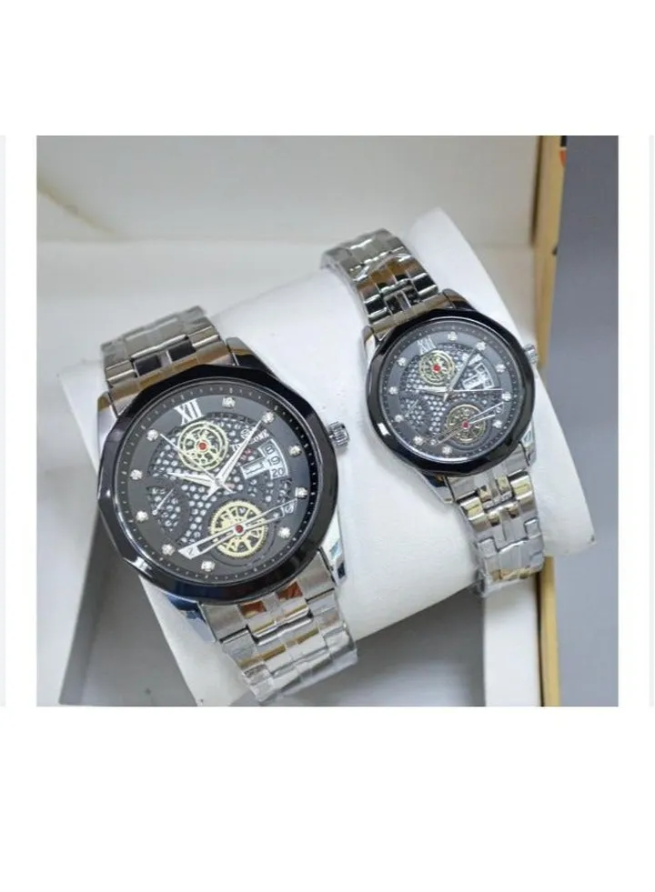 A unisex watch set made of stainless steel, water resistant, scratch resistant and shock absorbent.
