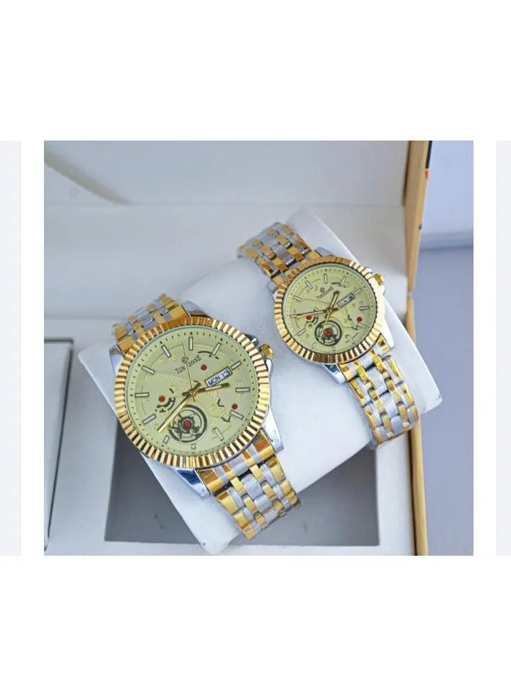 A unisex watch set made of stainless steel, water resistant, scratch resistant and shock absorbent.