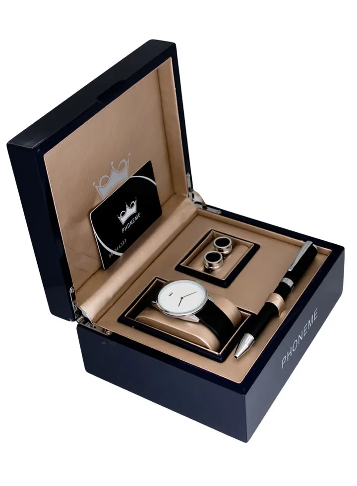 men Leather Analog Watch Set 2007555