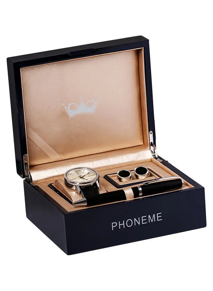 Men's Leather Analog Watch Set 2007667