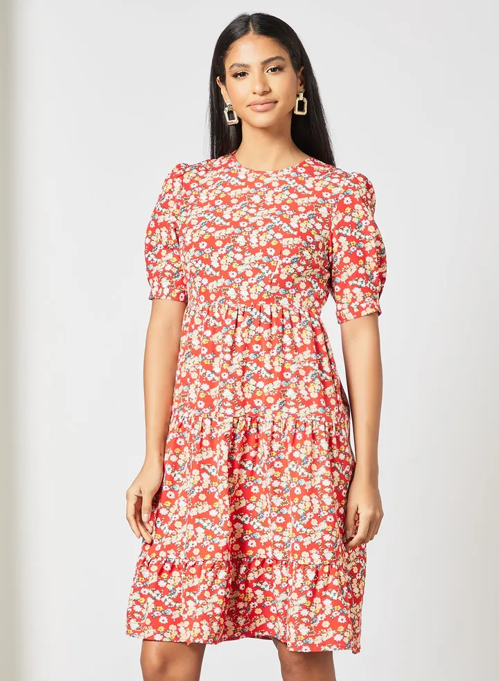 Women's Casual Round Neck Floral Print Half Sleeve Maxi Dress 1-Redprt/White/Blue