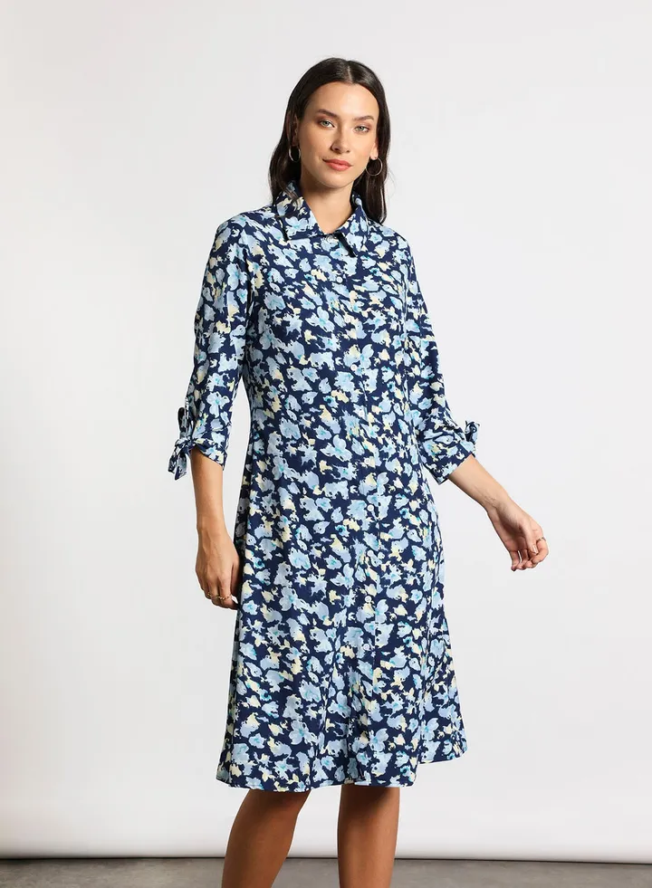 Women's Casual Shirt Collar Floral Print Long Sleeve Maxi Dress 2-Blueprint/White