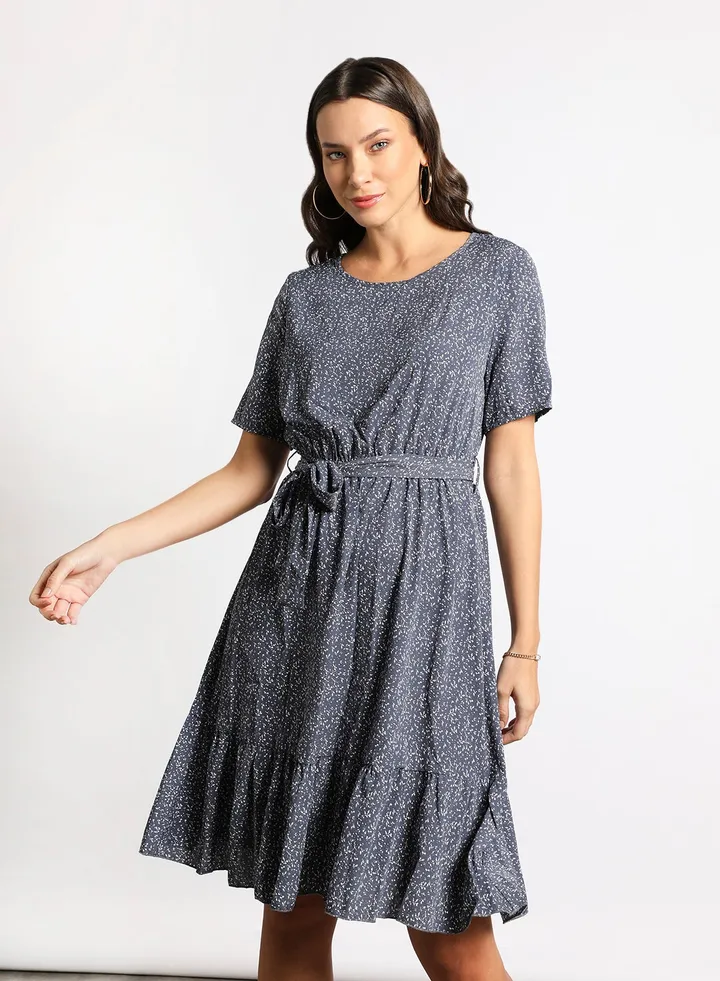 Women's Casual Round Neck Floral Print Short Sleeve Maxi Dress 1-Blue/White