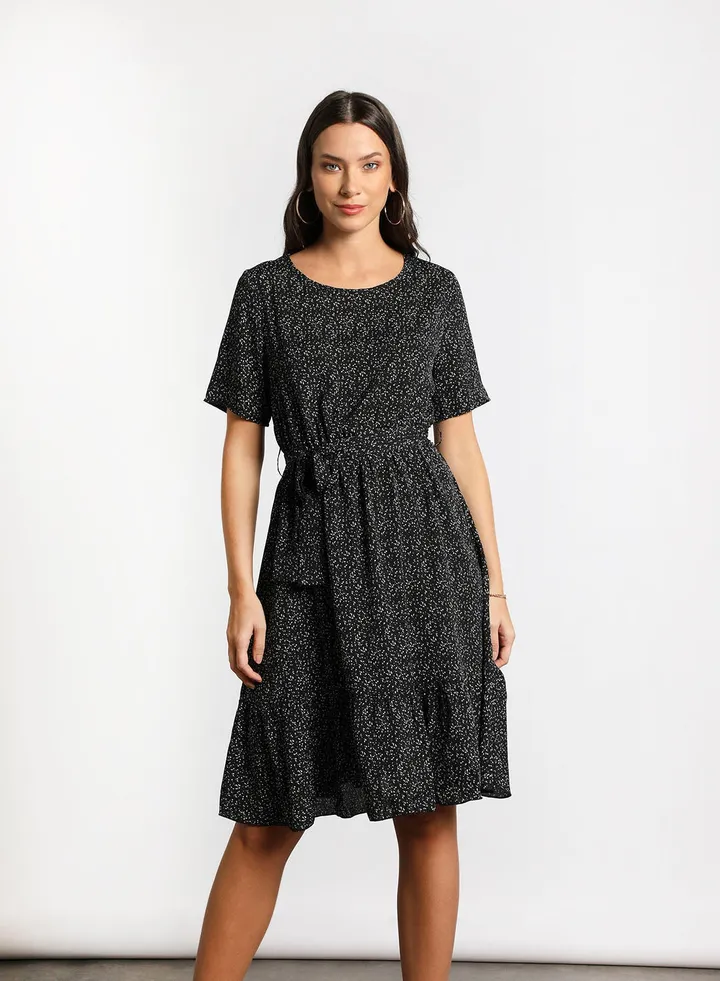 Women's Casual Round Neck Floral Print Short Sleeve Maxi Dress 2-Black/White