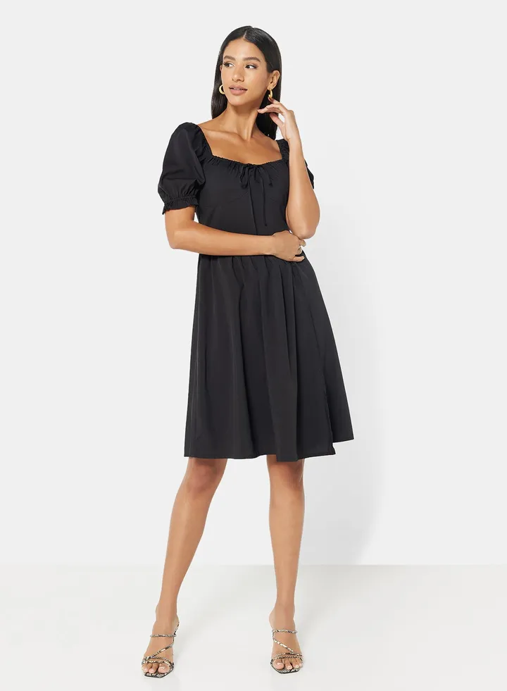 Casual Half Sleeve Midi Woven Dress With Front Tie 3 Black