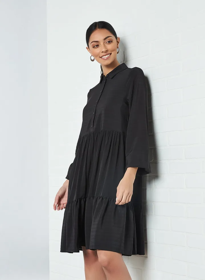 Long Sleeve Tiered Dress Black