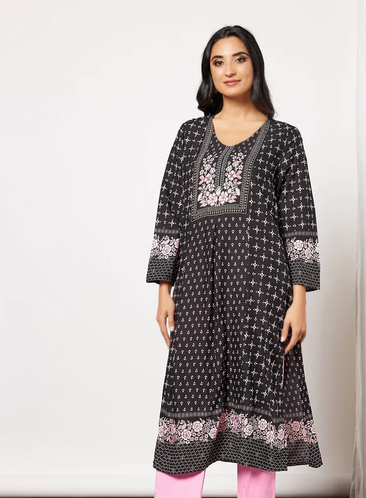 Floral Print Kurta Black