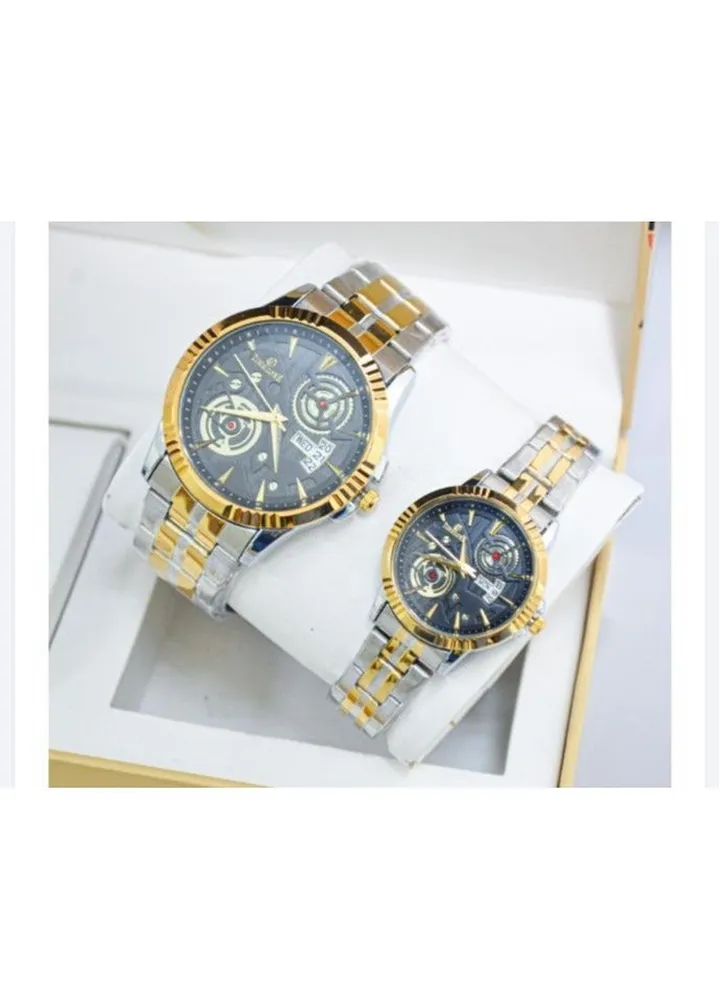 A unisex watch set made of stainless steel, water resistant, scratch resistant and shock absorbent.