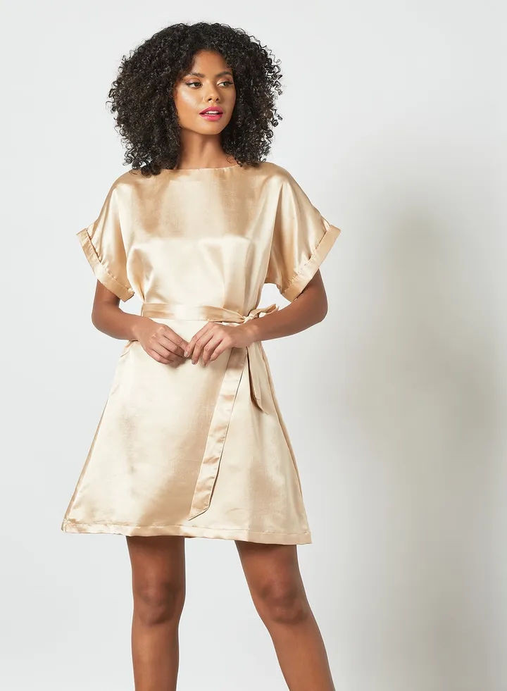 Fashionable Round Neck Dress Beige