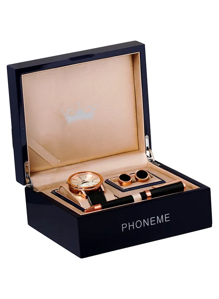 Men's Leather Analog Watch Set 2007676