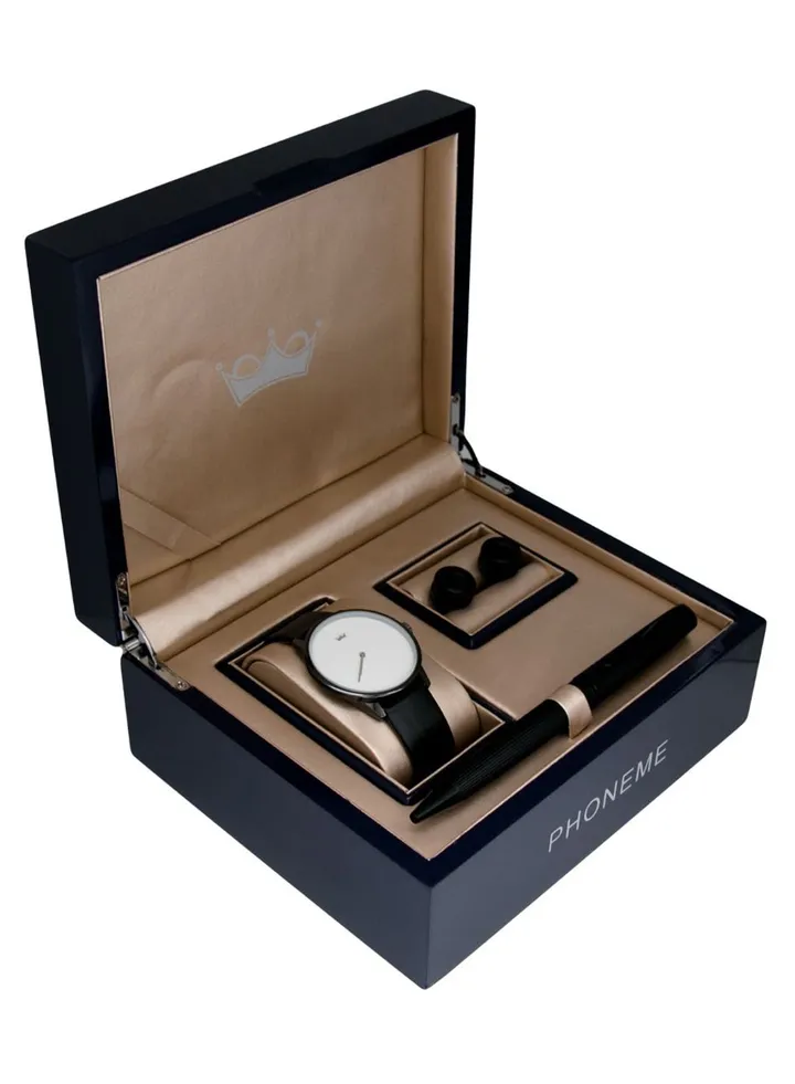 Men's Leather Analog Watch Set 2007561