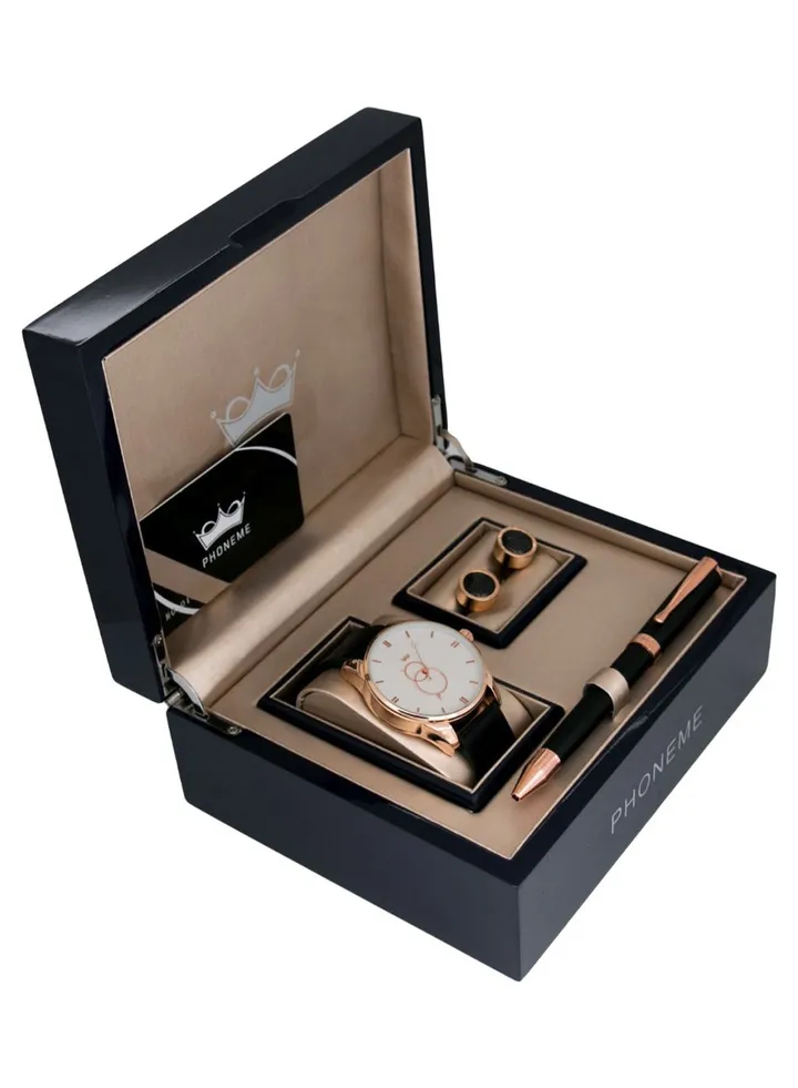 men Leather Analog Watch Set 2007566