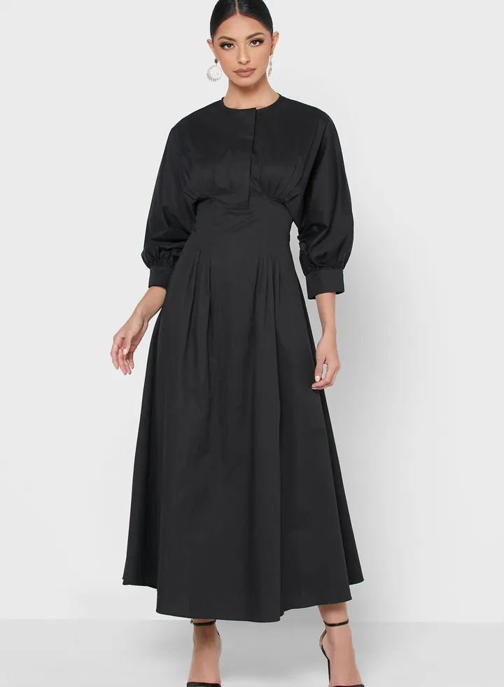 Pleat Detailed Stylish Dress Black