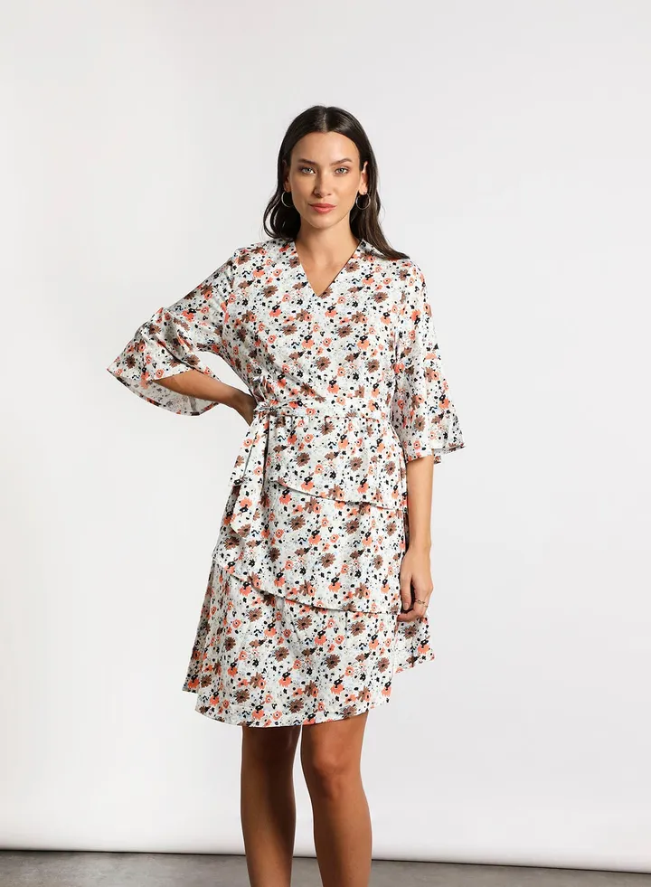 Women's Casual V-Neck Floral Print Long Sleeve Maxi Dress White Brown Print
