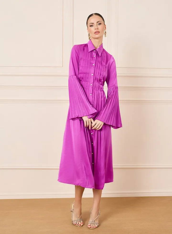 Satin Pleated Detail Shirt Midi Dress