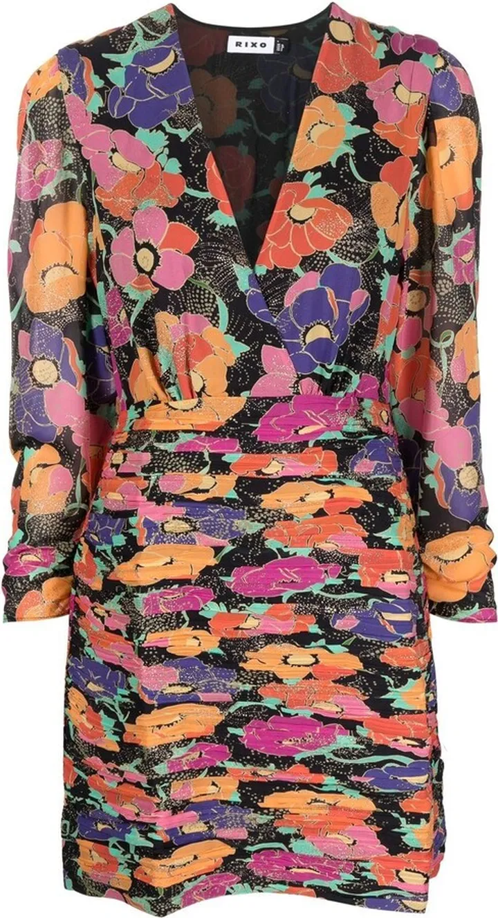 Golden floral-print ruched minidress
