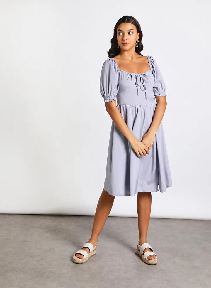 Casual Half Sleeve Midi Woven Dress With Front Tie Purple