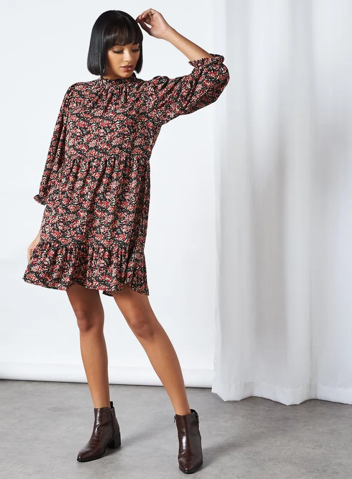 Larry Smock Floral Print Dress Black