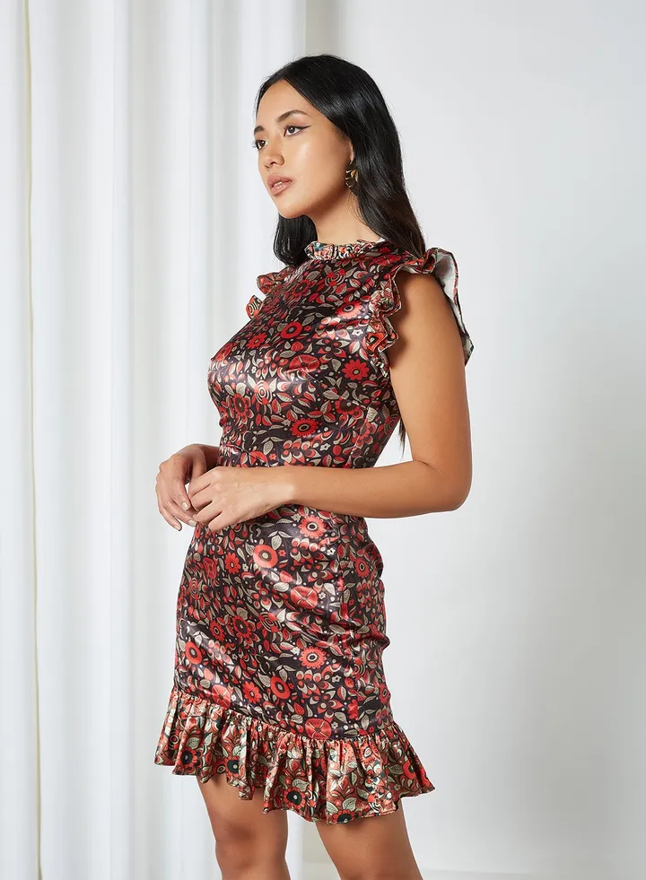 Kirra Floral Printed Dress Black/Red/Silver