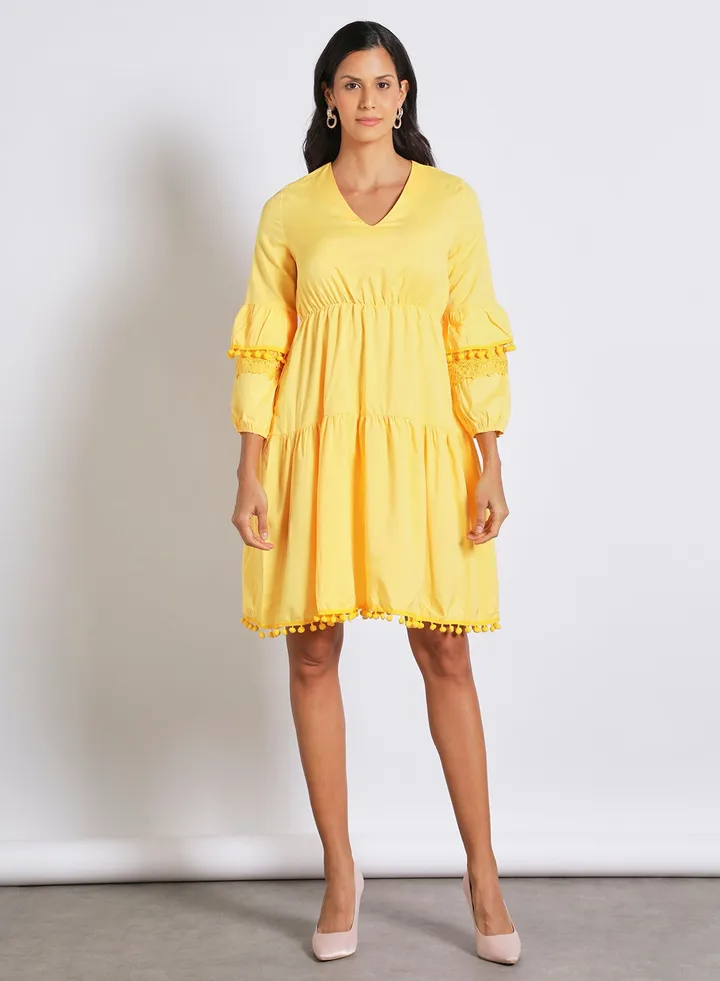 Long Sleeve Mini Dress With Lace Trim Yellow