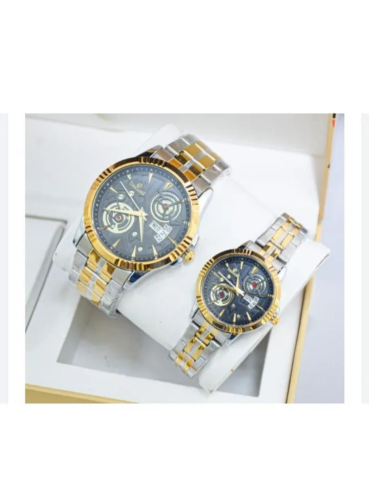 A unisex watch set made of stainless steel, water resistant, scratch resistant and shock absorbent.