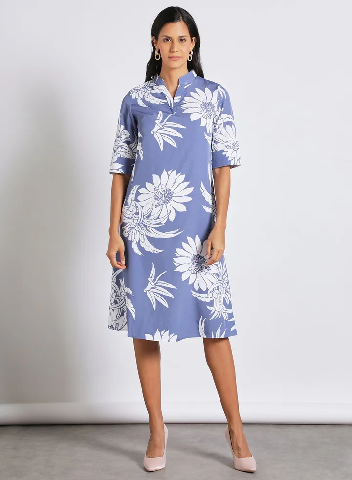 Half Sleeve Mandarin Collar Printed Dress Blue/White