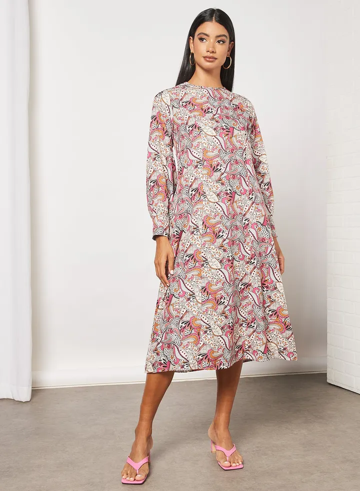 Print puff sleeve side pocket dress Pink