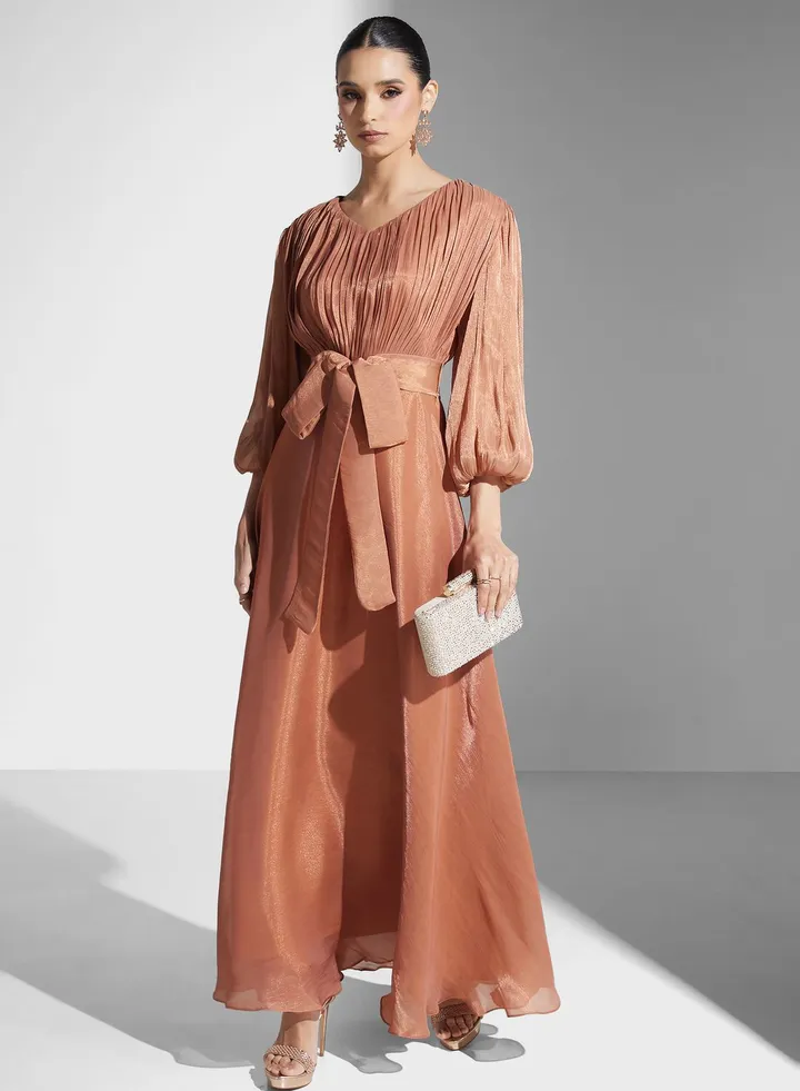 Ruched Dress With Puff Sleeves