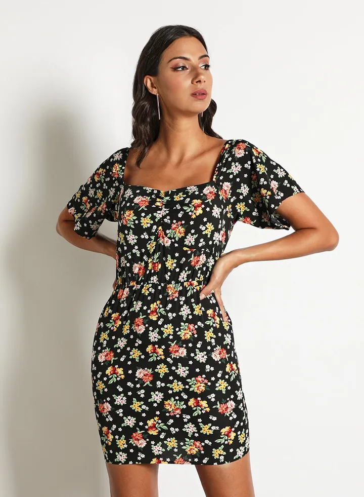 Women'S Casual Mini Short Sleeve Round Neck Floral Dress Black