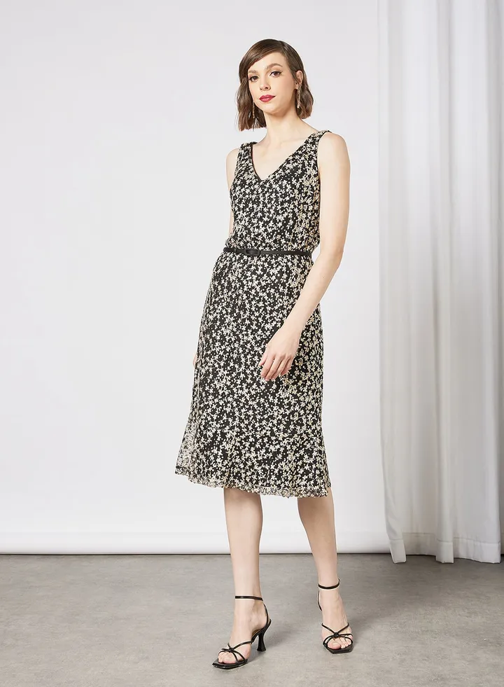 Embroidered Midi Dress Black