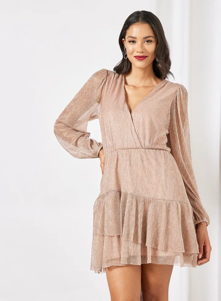 Ariel Plisse Long Sleeve Dress Blush Pink