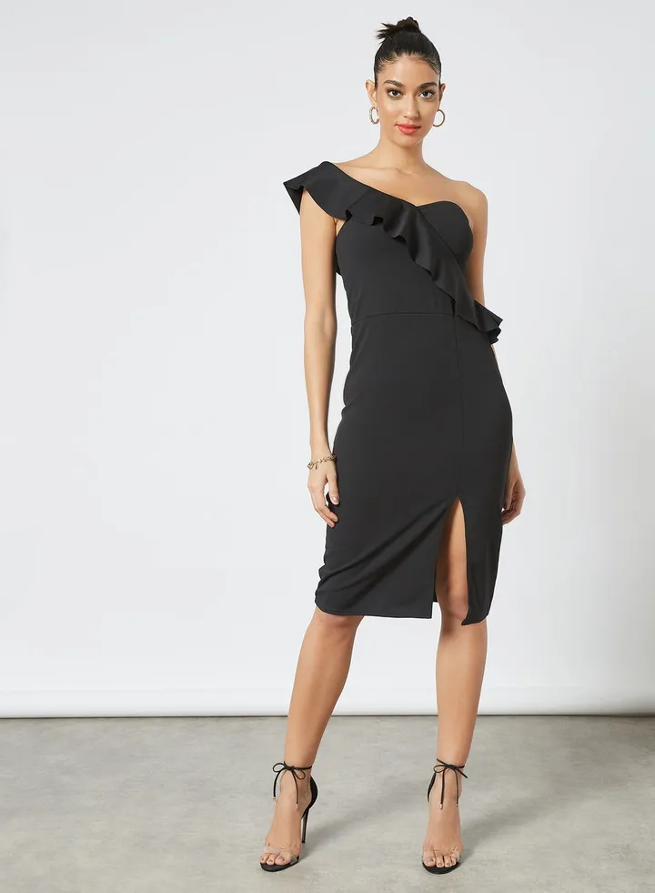 One-Shoulder Midi Dress Black