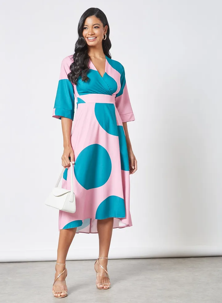 Polka-Dot Wrap Style Dress Pink/Blue