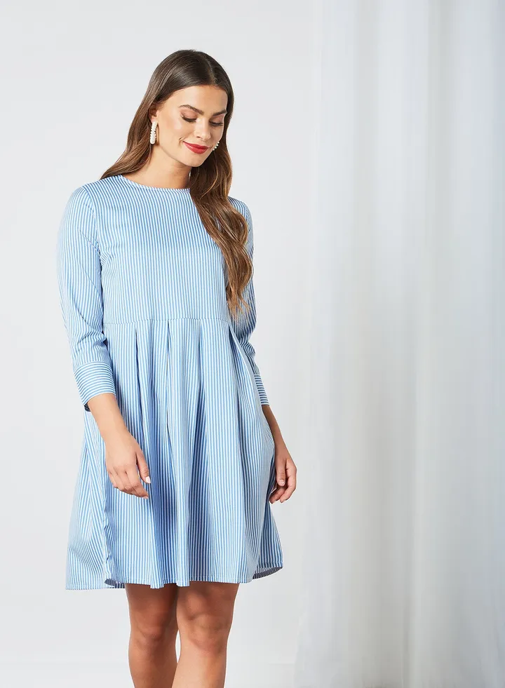 Horizontal Stripes Pleated Crew Neck Three-Quarter Sleeve Mini Dress Aop White Stripe Print