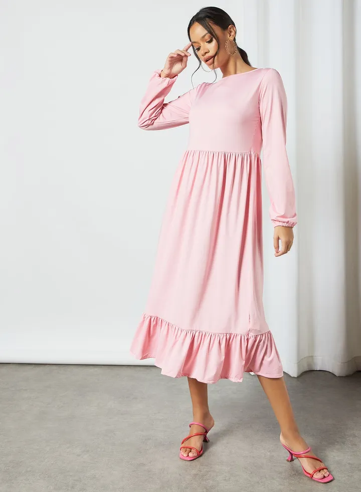 Gathered Hem Midi Dress Pink
