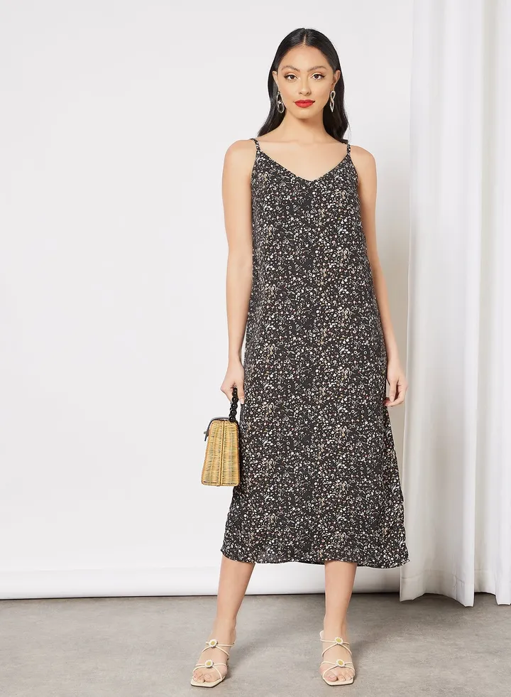 Floral Print Midi Dress Black