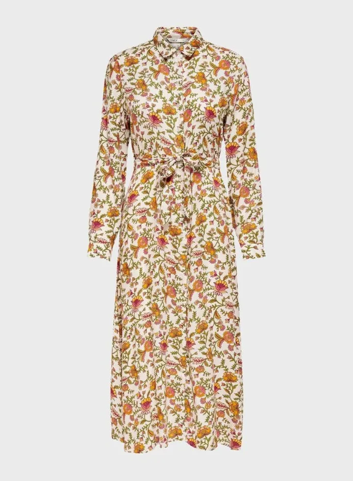 Floral Printed Shirt Detail Long Sleeves Midi Dress Multicolour