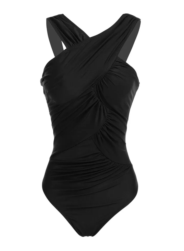 Women One Piece Swimwear Halter Padded Ruched Swimsuit Beach Wear Black