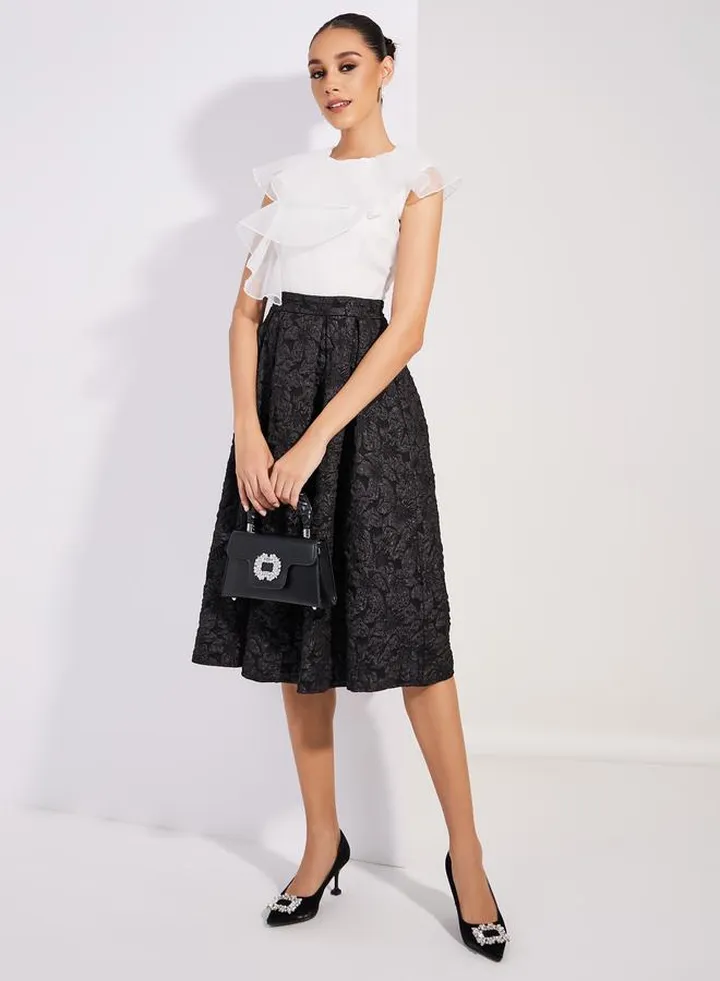Organza Frill Flared Jacquard Midi Dress