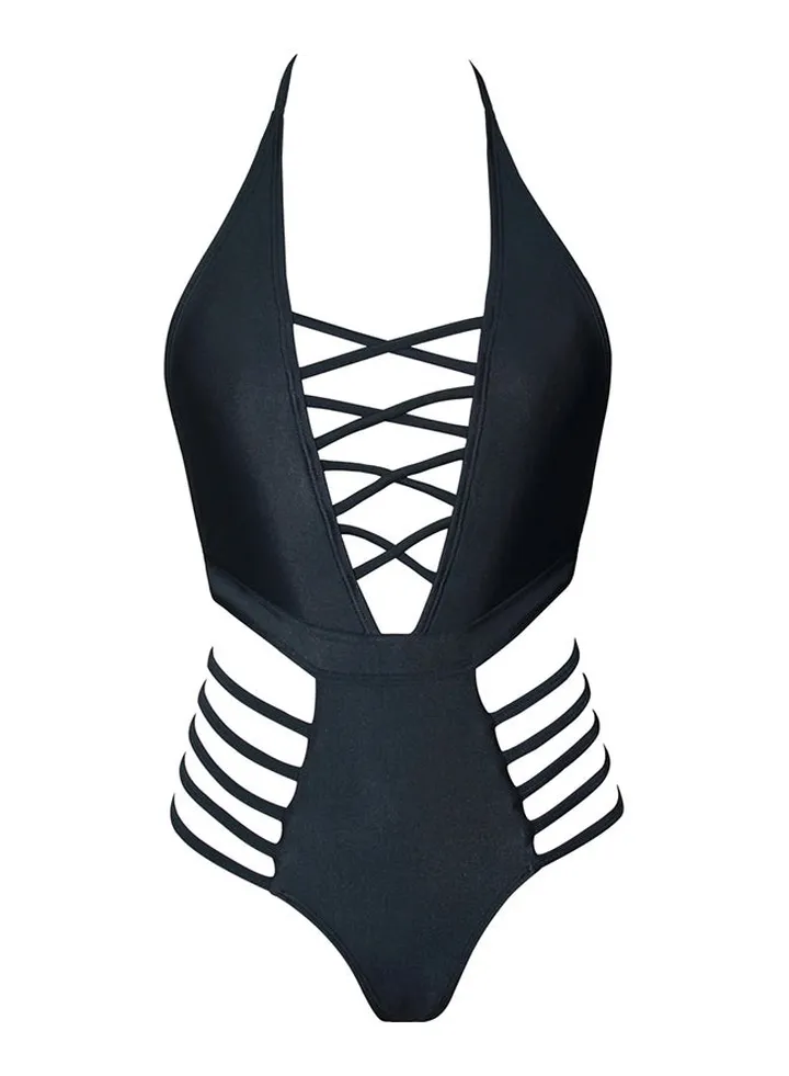 Topmelon Swimsuit Neck Bandage Hollow Out Dress Beachwear Black
