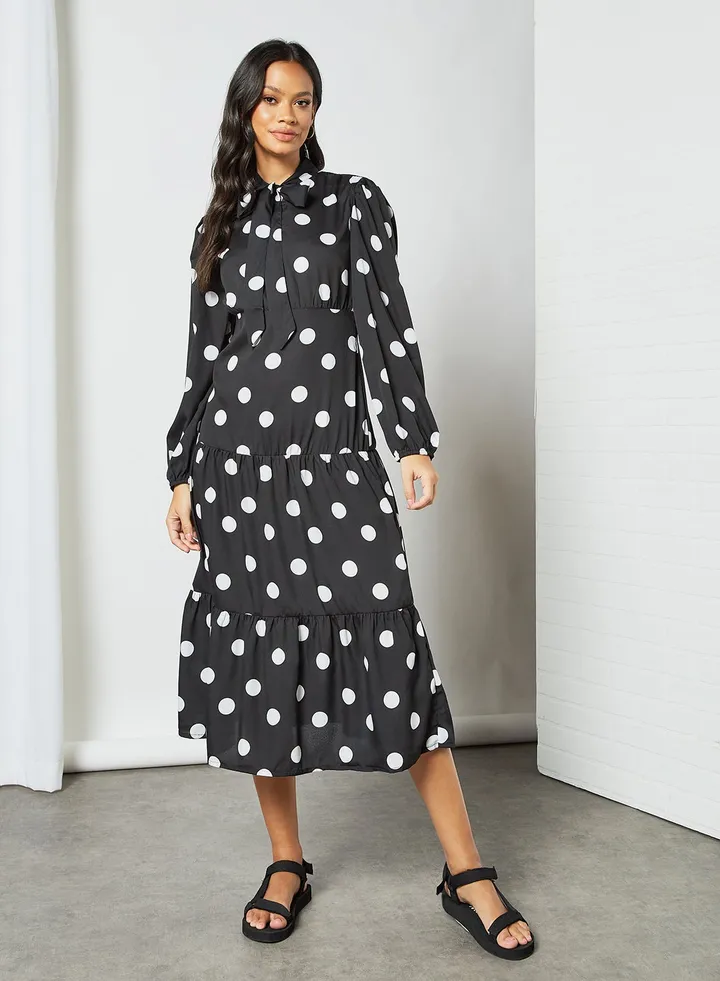 Polka Dot Midi Dress Black
