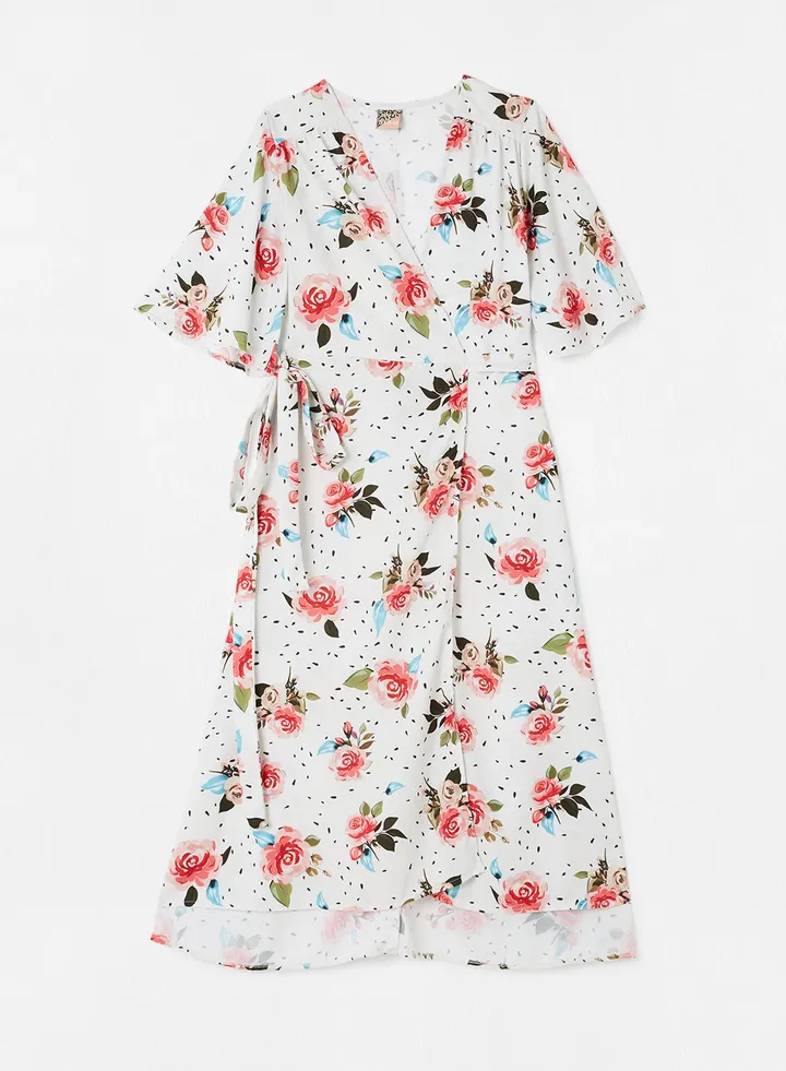 Floral Print Wrap Dress White