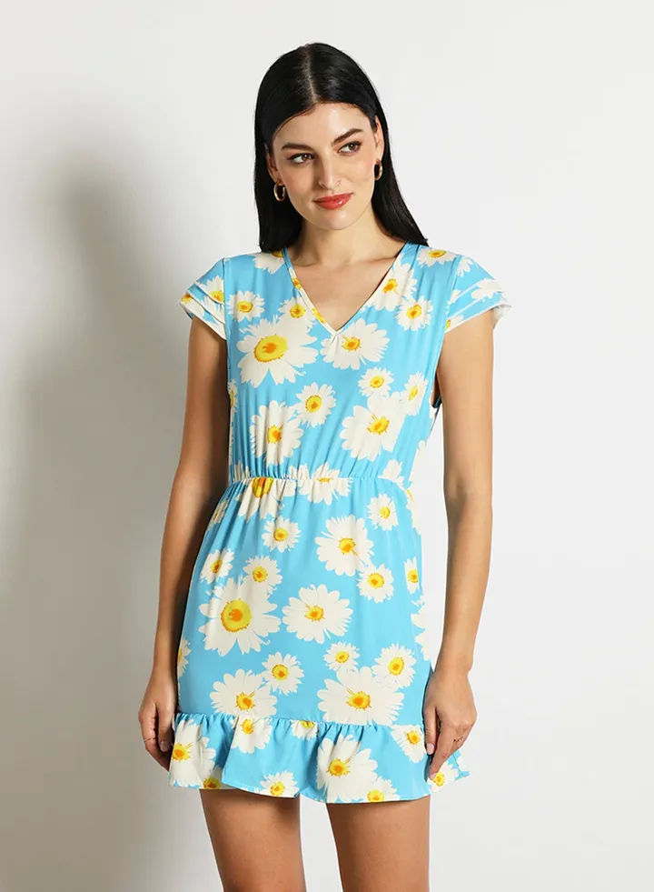 Women'S Casual Knee Length Short Sleeve Floral Dress Blue/White