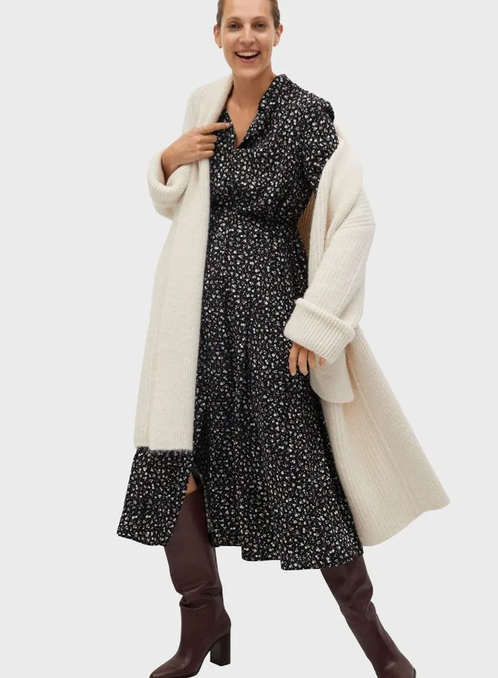 Collored Neck Printed Shirt Dress Black/White