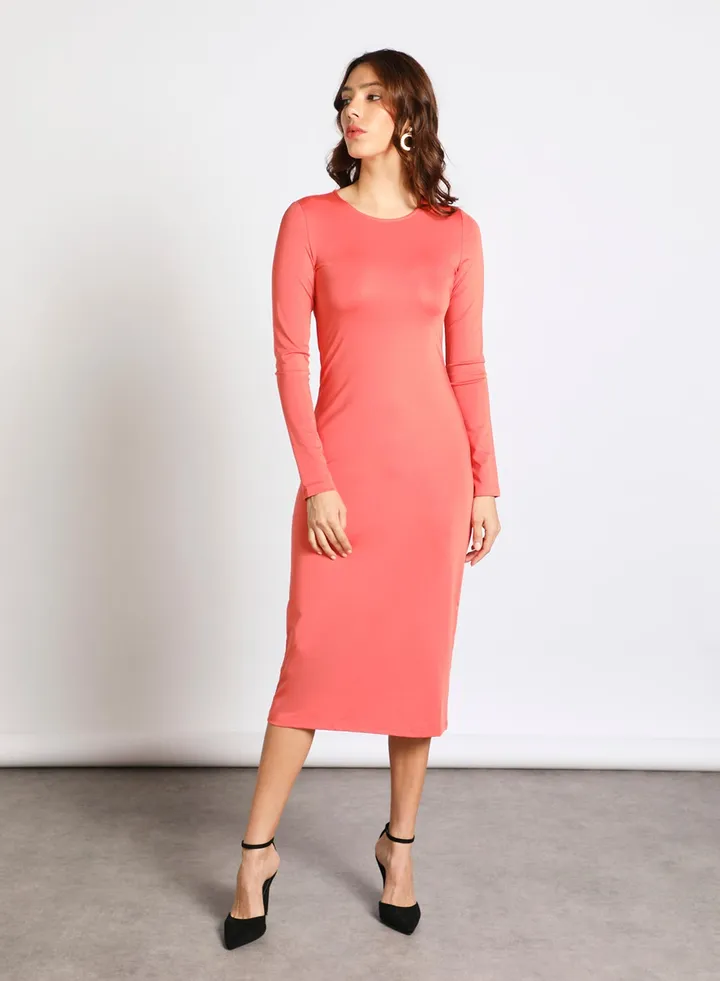 Women's Round Neck Long Sleeve Midi Bodycon Knit Dress Orange