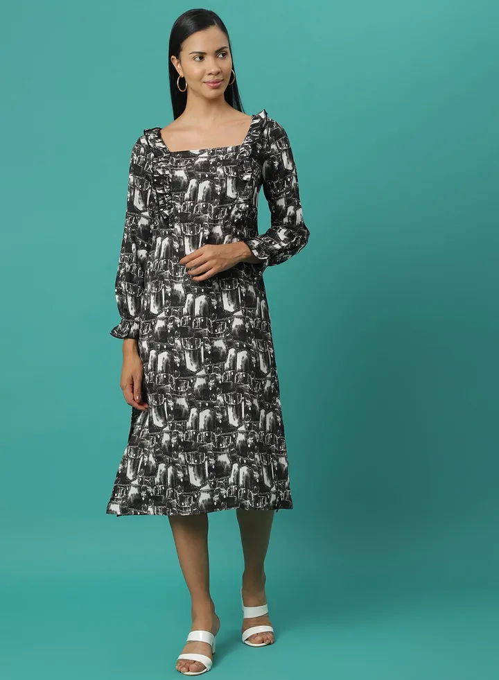Casual Printed Midi Dress Black/White
