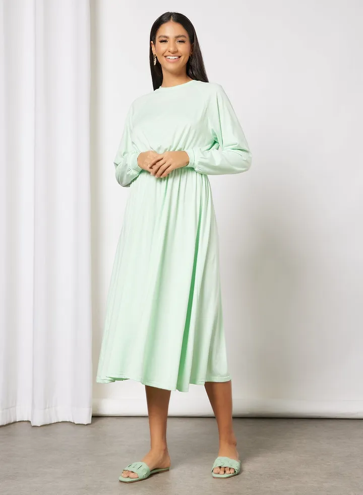Solid Waistband Casual Dress Green